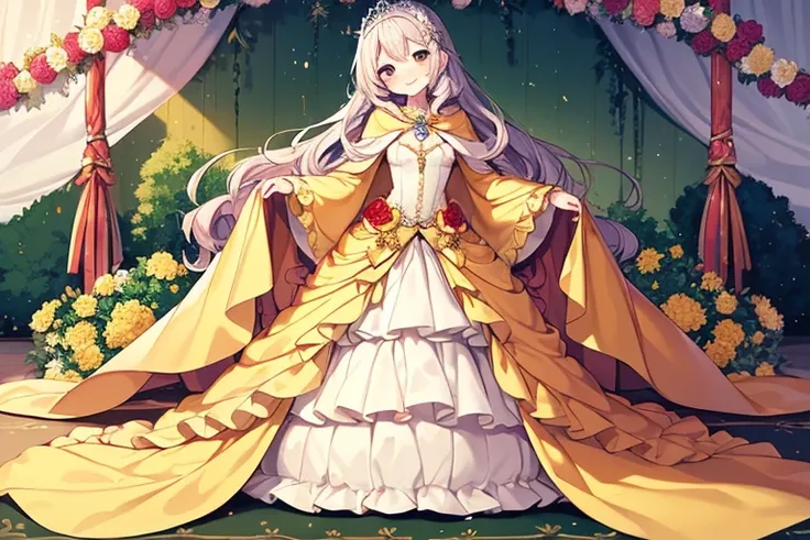 kawaii, best quality, rococo style,(long train pastel yellow cape:1.15), very long cape,(long train white ball gown with flower decorations:1.1), a girl is wearing a cape over her gown, 1 little princess, tiara, smile, very long hair, small breasts, lookin...