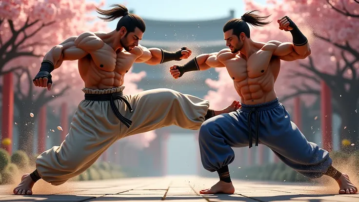 Two martial artists are locked in fierce combat, their bodies a blur of motion as they exchange powerful kicks. The muscular build of both fighters is clearly defined, showcasing their strength and athleticism. The background features a tranquil Asian-insp...