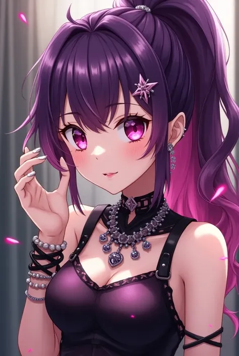 Ultra Detailed Anime Art Black Latex Costume Young Japanese Idol Purple Hair Fuchsia Highlights High Definition Ponytail Sparkling Flashy Necklace Earrings Bracelets