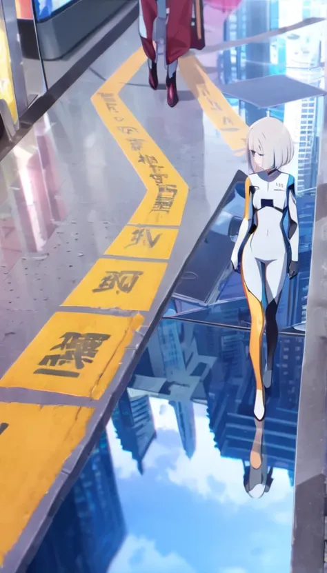 (Multiple girls),(最High image quality, 8k, masterpiece:1.3), (24 years old:1.5), (Grey Hair), ( bob cut ), (Oblique sky blue eyes), ((Full body enamel suit、blue、yellow line、no zipper 、 rubber suit、Gloss、reflection、Perfect fit、Full body shot、City、bustling s...