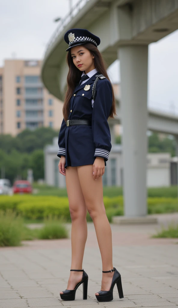 very skinny teen girl in mini sexy police uniform, "very long legs", (huge heels), (skinny body:1.5), barbie body