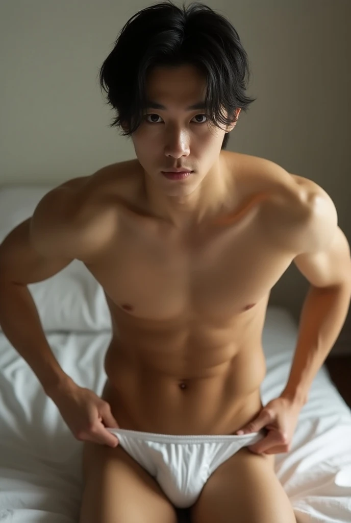 Real photo、Idol-like face、 transcendental handsome 、 staring at the viewer 、 erotic、Amazing muscles、(((Naked Man))), (((19, slim, Muscular, fit, ))), (((Toned Six Pack))), ((((Cover your crotch with your hands)))), (((( on the bed))), (((Exposing one&#39;s...