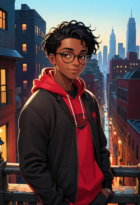 (best quality, masterpiece), black hair, red highlights, black hair with red streaks, Perfect detailed face, glasses, African American eyes, freckles, plump lips, smiling, A dark-skinned teenager, dressed in a red hoodie and a faded black jacket, confident...