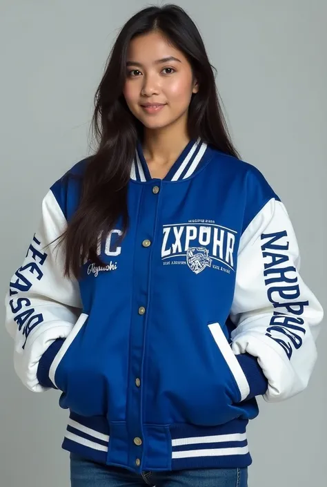 I want a oversized varsity jacket for woman which is deep royal blue in colour. It has the word Zephyr written on its back and just beneath Zephyr, Kamla Nehru College is written and below that Aayushi is written. All the writings are white in colour. In t...