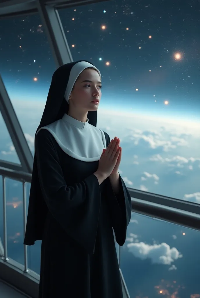 ((masterpiece, highest quality, Highest image quality, High resolution, photorealistic, Raw photo, Extremely detailed CG unified 8k wallpaper)), (huge stunning goddess shot, very hot and sexy, jaw-dropping beauty, perfect proportions, beautiful body, slim body beauty:1.4), Pilgrim nuns on an interstellar ship touring the stars, wearing futuristically designed nun's uniforms, gazing at distant stars from a glass observation deck, offering prayers of thanksgiving,