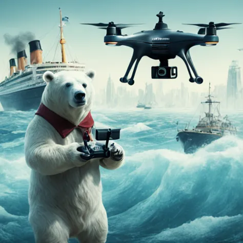 a illustration of an icebear (dplot), holding a remote controll , with the titanic in the background ,