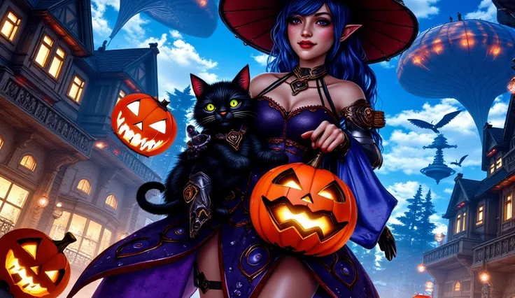 a female kod wearing halloween costume (witch) holding a cat, in haloween town (night time). holding a pumpkin lantern.