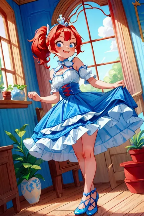 (masterpiece, best quality) standing, indoor, intricate detail, sunlight, , blue and white frill dress short neckline, two ponytails red hair, smile face, blue eyes, cute dog diadema, sexy pose, blue shoes, coquette, gorgeous legs, mature teenager body, lo...