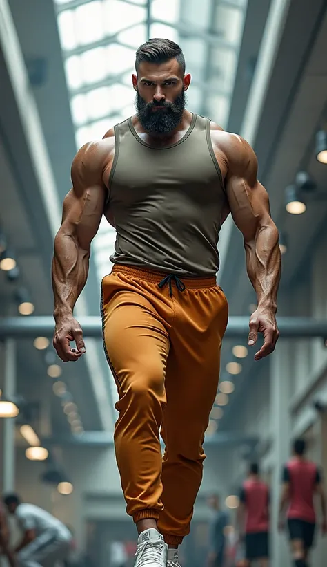 High-reality full-body man with defined hair and beard and short defined body from the gym is handsome dark brown tank top jersey with 8k jogging pants and sneakers inside a gym front and back photo 