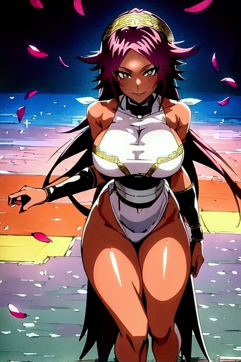 (8k, Best Quality,  anime style,  Viewers, Bright atmosphere, smile, Teenage Girls,  intricate details :1.3),( 1 girl, Yoruichi from BLEACH, Big Breasts, I can see the valley, Nice body), ( wedding dress , Petals fluttering,  standing position where you ca...