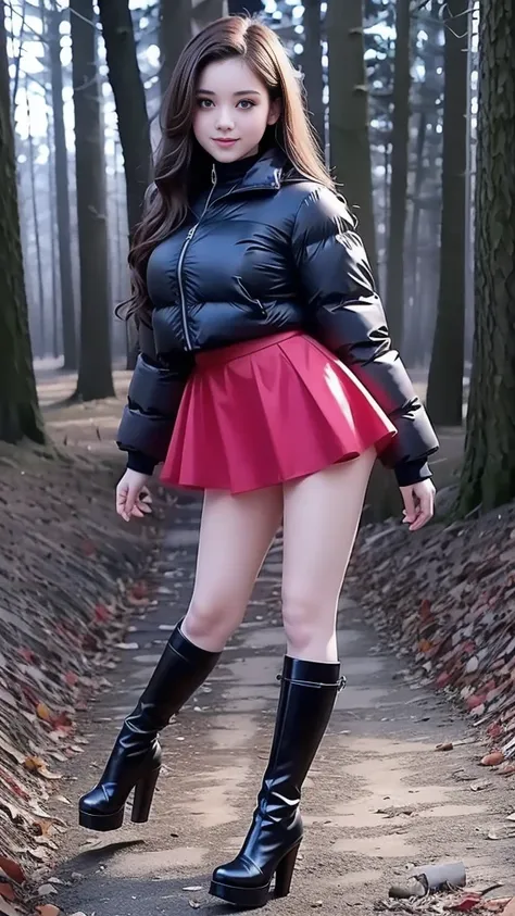 Mean curvy beautiful young schoolgirl ,  beautiful  teen face, short black silk skater skirt,   a young girl in a short black silk ruffle skirt, wearing in a red puffer short shiny coat, brunet long hair,  beautiful eyes, black stockings,  high heels boots...