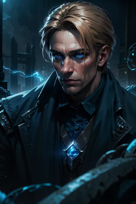 (masterpiece, best quality, realistic, (beautiful and aesthetic:1.2), extremely detailed, highest detailed face), (30 years old male, dark mage, short blond hair, blue eyes, rough face), (dark fantasy theme:1.3), night, in graveyard, hellhound, (blue energ...