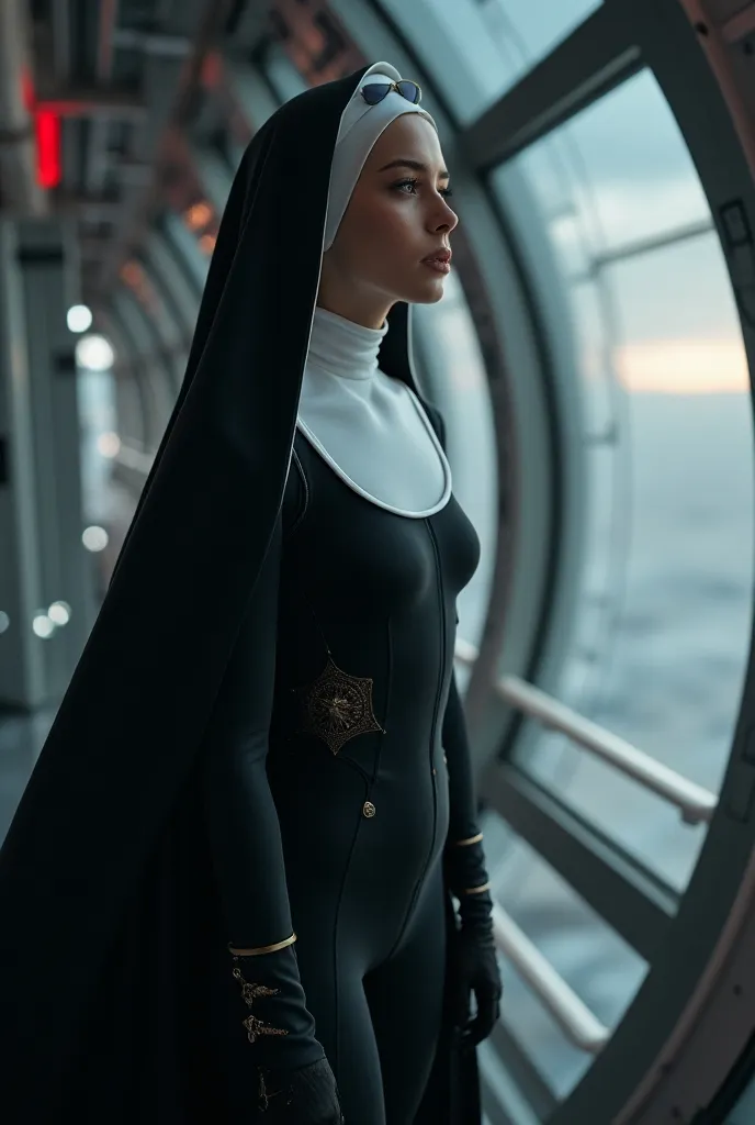 ((masterpiece, highest quality, Highest image quality, High resolution, photorealistic, Raw photo, Extremely detailed CG unified 8k wallpaper)), (huge stunning goddess shot, very hot and sexy, jaw-dropping beauty, perfect proportions, beautiful body, slim body beauty:1.4), Pilgrim nuns , woman, tight black and white full-body suit and nun's cape, astronaut, spaceship pilot, cyborg, retro futuristic, mystical, psychedelic, detailed, female, futuristic cyberpunk, gazing at distant stars from a glass observation deck, offering prayers of thanksgiving,