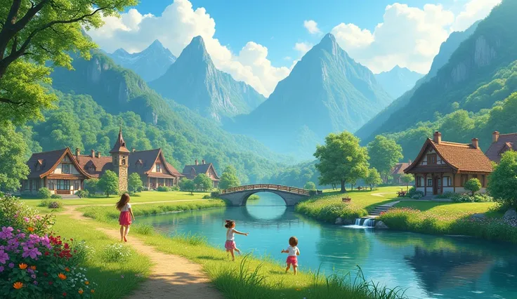 sunny weather, green lush mountains, Crystal clear river, Peaceful village, bright flowers, cozy cottages, vibrant atmosphere, playful ren, chirping birds, floating clouds, Gentle breeze, warm sunlight, захватывающие дух landscapeи, Calm atmosphere, pictur...