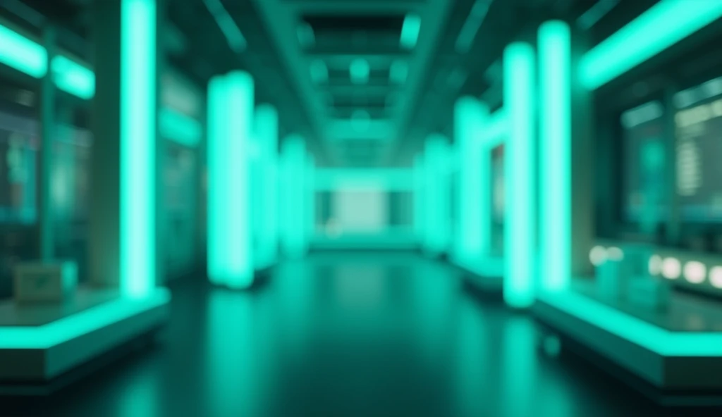 "A modern, neon-lit background with a blurred depth effect, featuring cool green and teal lights creating a futuristic ambiance. The background should resemble an advanced tech space with glowing light panels, but without any extra elements like icons or t...