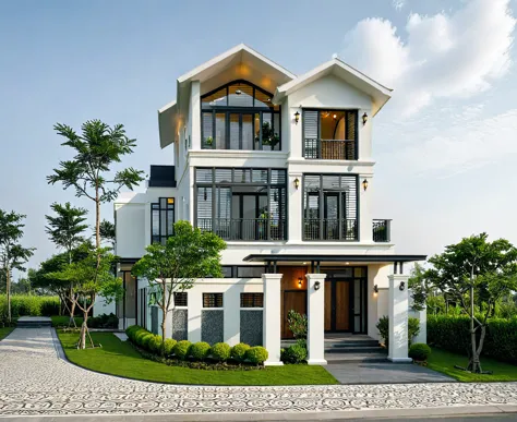 masterpiece, high-end, best quality, authentic, super detailed, outdoor, aiaigroup, neoclassical villa style, stairs, white wall...