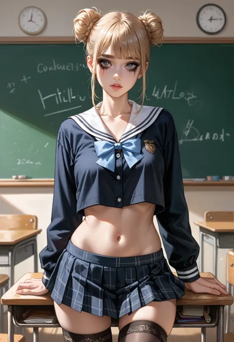 score_9, score_8_up, score_7_up, sfw, anatomically correct, cowboy shot, girl, blond hair with  2 buns,bangs, dark mascara, 1 co...