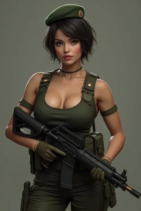 A busty female soldier,short hair, facial mix of latin and american woman, 38 yo, holding a machine gun, wearing a tank top, beret, full battle gear, ((masterpiece, highest quality, Highest image quality, High resolution, photorealistic, Raw photo, 8K)), (...