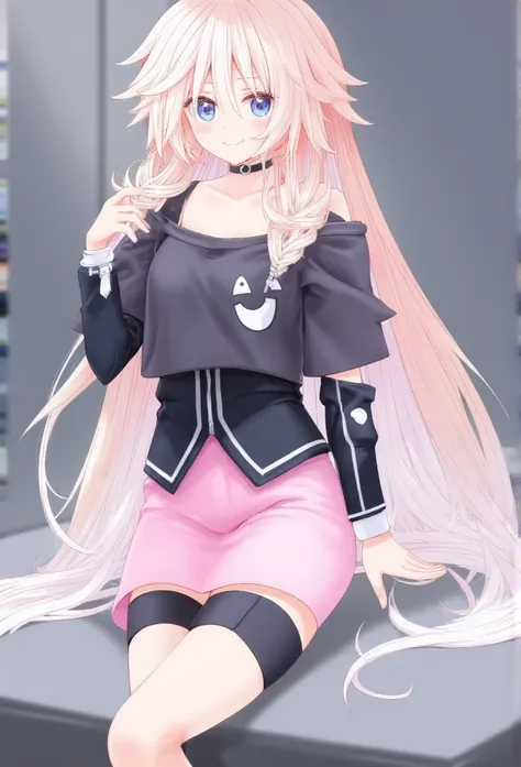 highest quality, masterpiece, detailed, (ia:1.5), ( vocaloid ), skirt,  black shirt,  off shoulder,  choker,   on the bed