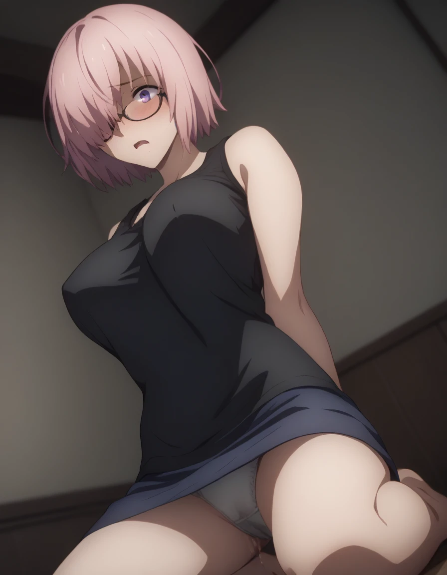 sauce_anime, ambient light, 
1 girl, tall female, mash kyrielight, short hair, purple eyes, pink hair, hair over one eye, wide open eyes ,perfect eyes , wince, frown, Perfect face, expressive eyes,  
nsfw, , (show off nipples), bare shoulder,  ,glasses, un...