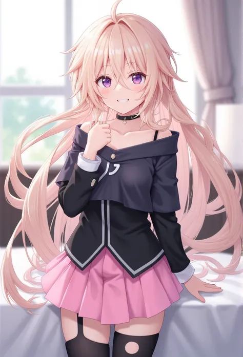 highest quality, masterpiece, detailed, (ia:1.5), ( vocaloid ), skirt,  black shirt,  off shoulder,  choker,   on the bed