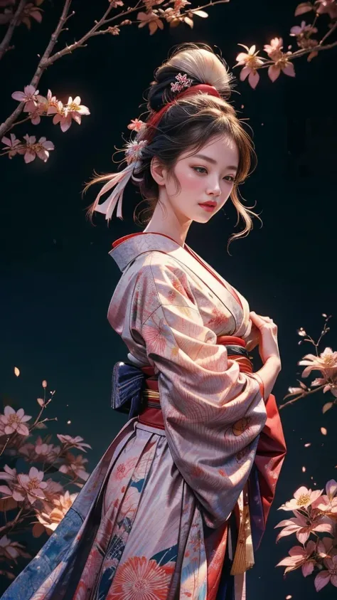 Japanese painting、 Japanese woman wearing a dark kimono 、 beautiful woman with Japanese hair tied 、Elegant behavior、An elegant but seductive eye 、Japanese beauty、 depicting the beauty of Japanese kimonos in detail、Beautiful white skin、Light colored backgro...