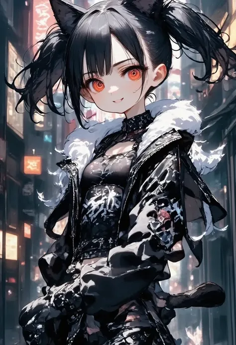 
girl(cute, kawaii, age of 12,evil smile,black hair,long hair,twin tails hair,pale skin, skin color blue, red eyes, eyes shining,big eyes,breast,punk fashion,ripped clothes,tight tube top,tight hot pants,stomach shown,ripped black short jacket,fluffy black...