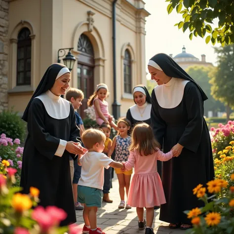 (Masterpiece, high quality, high definition, 4k, 8k, detail),This bright and joyful scene shows a nun happily interacting with ren in a church courtyard on a sunny day. The nuns, dressed in traditional nuns habit, stand in a circle holding hands with the r...