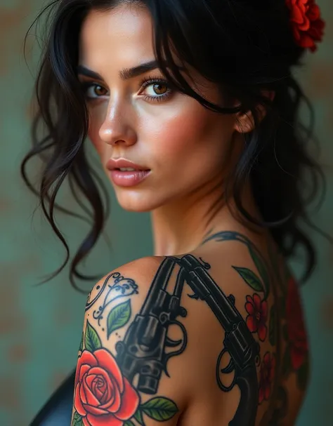 a close up of a woman with a rose and two guns on her back, close up guns and roses, traditional tattoo, rose tattoo, traditional ink!, very full detail, traditional ink, highly detailed tattoo, highly detailed!, detailed arms, whole tattoo, tattooed, down