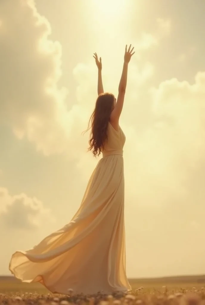 Back view of a beautiful woman raising her hands to the sky、Long dress in beige color　