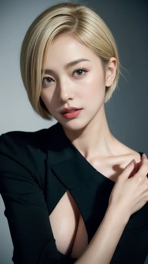 Age 30、woman、Criminal、(((Black Suit))),Career woman、 ((Very short blond hair with stroked back)),  and look at the camera、 sexy、 Cool Look 、Critical Eyes、 Intimidating、Large Breasts、 Oblique Eyes、Narrow eyes、 perfect style 、Red lips、High image quality、 hig...