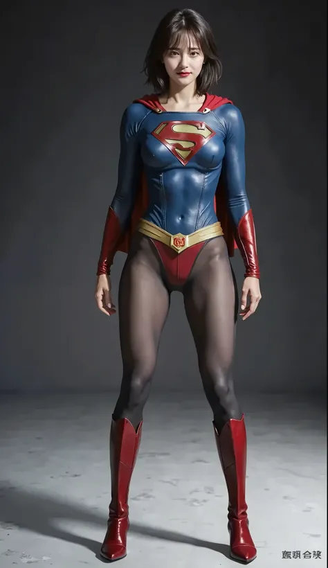 No background、(((Beautiful legs in black tights.)))、(((  LEGALLY EXPRESS THE BEAUTY OF YOUR SMILE )))、(((( make the most of your own original images)))、((( supergirl costume )))、(((ボディにフィットした supergirl costume )))、(((Beautiful Hair)))、(((A smile and a wink...