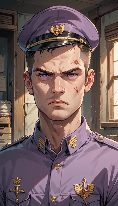 in a war room, purple military uniform, male general, serious expression.