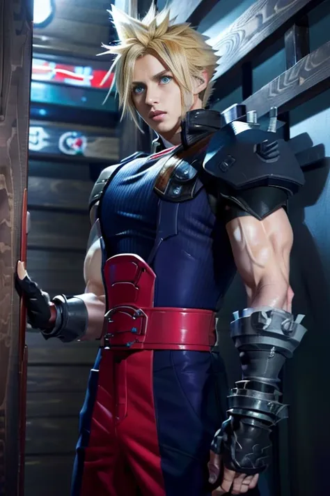 (High-definition CG), (  Best Quality  ), (High-definition CG), (  Best Quality  ), (Cloud Strife), (Overall view)    Huagai with a Cool and Handsome Face  ,Sentai Hero Suit,  Beauty, 18 years old,    toned and muscular  ,  With a cool and handsome face  ,...