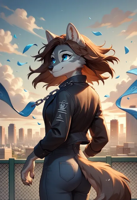 outdoors, city, sunrise, source_furry personalamistyle
 tala, furry, wolf girl, 1girl, solo, medium hair, blue eyes, grey fur, brown hair, black jacket, smile, (eye reflection:1.2), wind, chain-link fence, closed mouth, butt