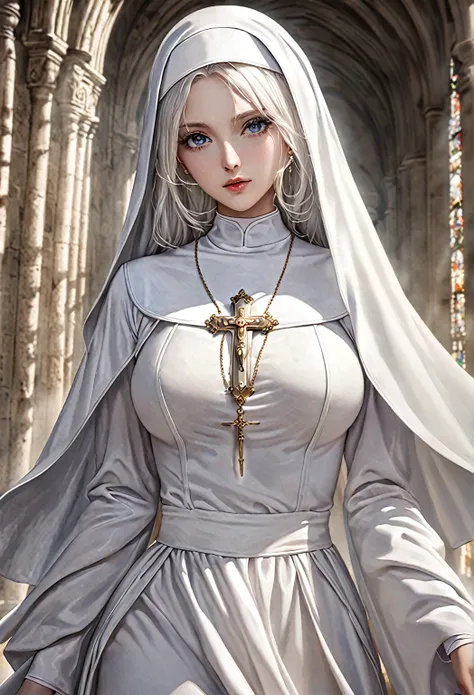 woman, Detailed eyes,race,Middle chest ,white nun outfit,Works created with highly detailed, gorgeous photographs of nuns , Renaissance, Long white hair, Complex white eyes,  wonderful, Mysterious, 32k resolution,  Dynamic Lighting, Covered navel, Super de...