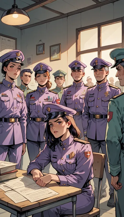 some people, female messenger, purple military uniform, send a telegram.