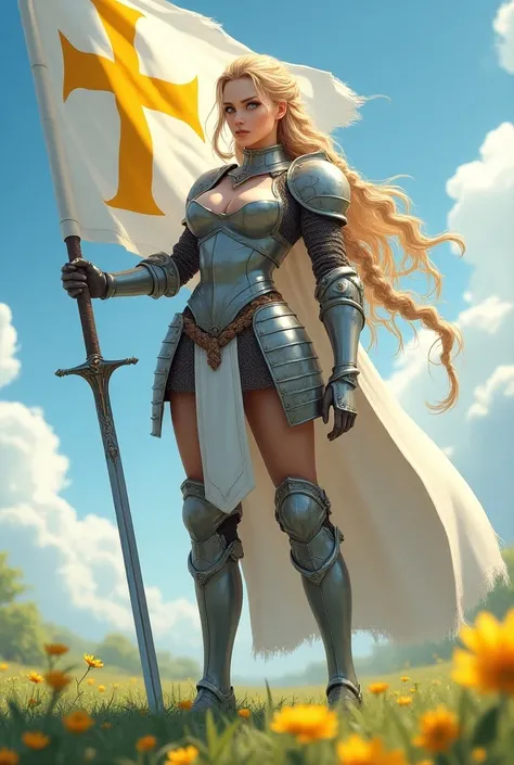 Blonde, long braid hair ,Light blue eyes,Fair skin,Busty,Big Ass,Thick thighs, with a dignified face ,女knight,knight,Big Breasts,Big Butt,Thick thighs,beautiful girl,Straight sword in the right hand , large flag with a golden cross written on the left hand...