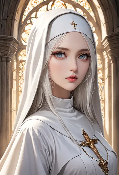 woman, detailed eyes,race,middle chest ,white nun outfit,works created with highly detailed, gorgeous photographs of nuns , rena...