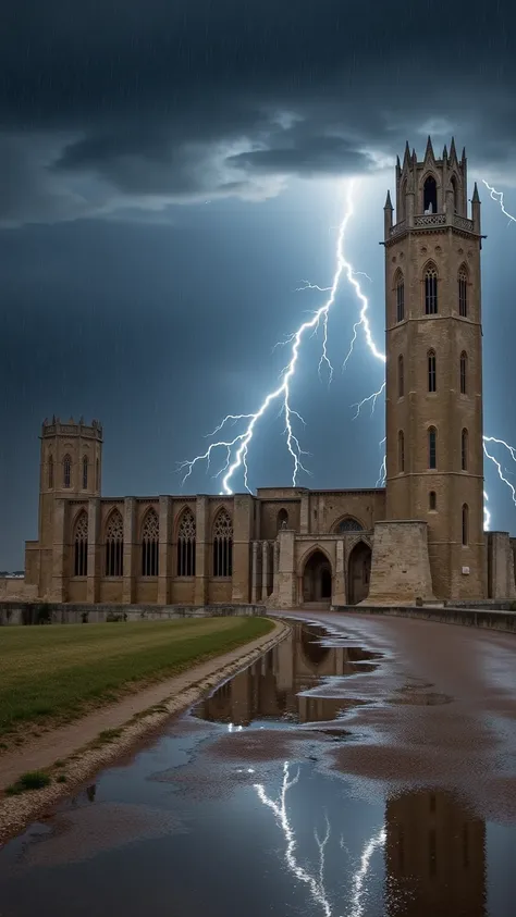 An ultra-realistic, cinematic depiction of the Seu Vella cathedral under a dramatic, overcast sky filled with storm clouds. Rain pours heavily, creating a moody atmosphere as lightning illuminates the dark, brooding clouds above. The stone walls and toweri...