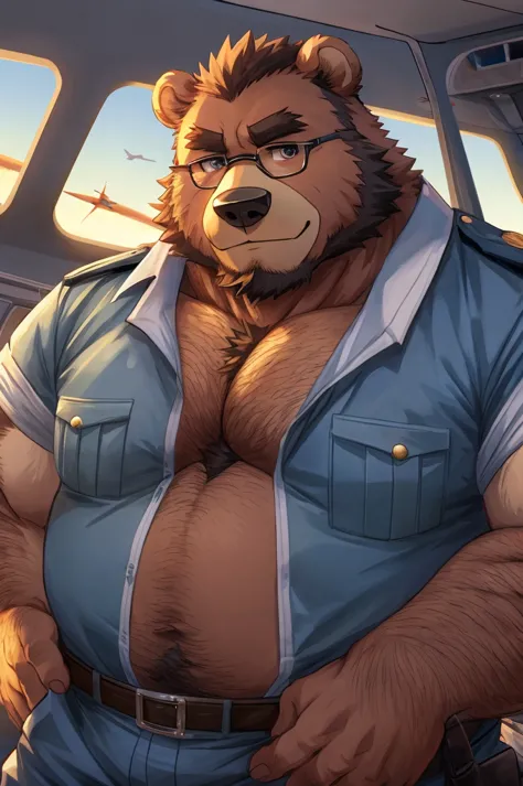 (Being overweight)Fly an airplane 、null、Propeller aircraft、  pilots、 pilotsキャップを被る、Bear beastman wearing glasses、flight,  furry art ,  high quality fanart, Portrait of a Hairy Character ,Furry Anime, very very beautiful  furry art ,  furry art !!!