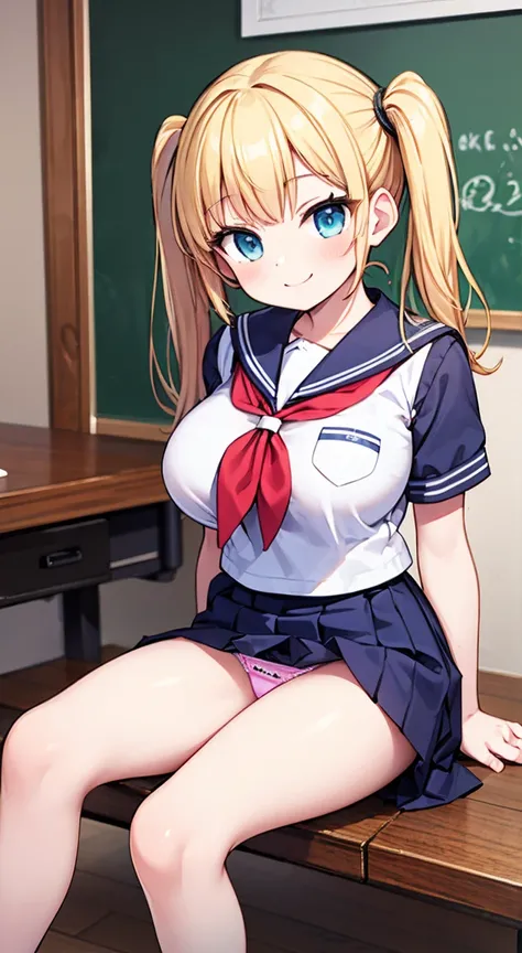 Highest quality,masterpiece,One person,Blonde,Twin tails,Schoolgirl uniform,Short sleeve,Large Breasts,smile,Sitting with legs crossed,Panty shot,Open legs, from front, sitting