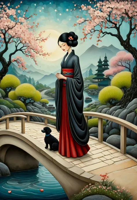 Breathtaking, rough impasto colourful acrylic art in the style of Amanda Clark, Jacek Yerka, Benjamin Lacombe and Amanda Sage. A European woman, dressed in western clothes, is on a small bridge with her black dwarf poodle and watches the petals of the cher...