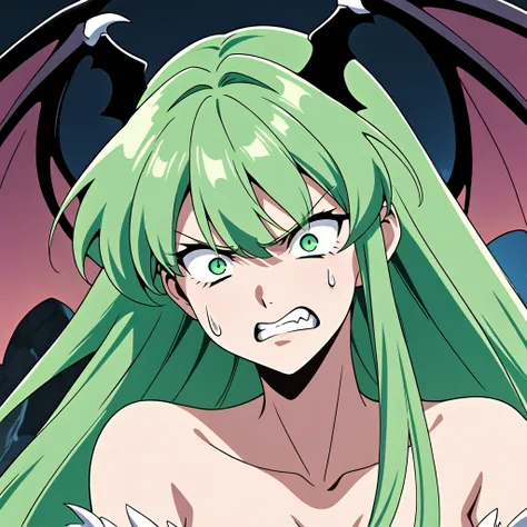 cel anime style. {face close up shot}. front shot. {solo}. a face of slender female "morrigan aensland". looking at viewer. unbe...