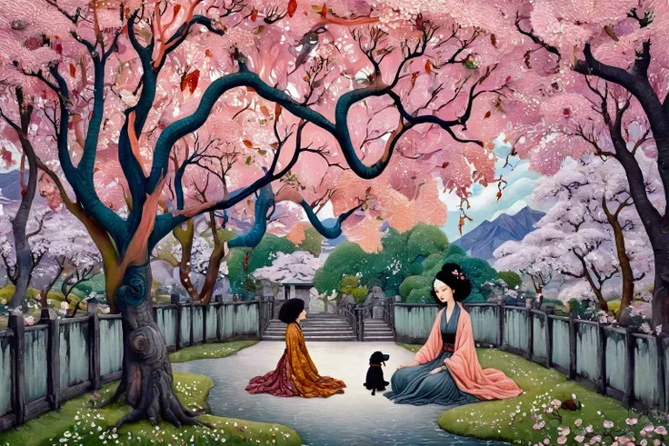 Breathtaking, rough impasto colourful acrylic art in the style of Amanda Clark, Jacek Yerka, Benjamin Lacombe and Amanda Sage. A European woman, dressed in western clothes, in a beautiful Japanese garden, is sitting on a lawn with her black dwarf poodle an...