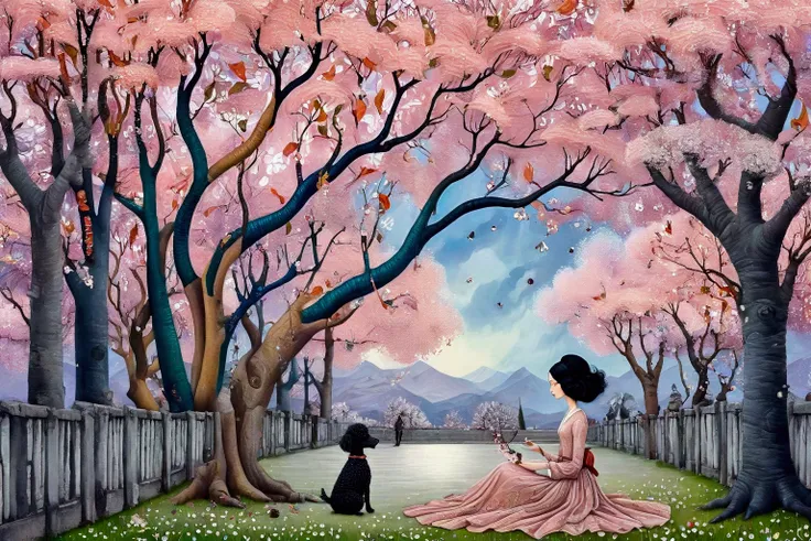 Breathtaking, rough impasto colourful acrylic art in the style of Amanda Clark, Jacek Yerka, Benjamin Lacombe and Amanda Sage. A European woman, dressed in western clothes,  is sitting on a lawn with her black dwarf poodle and watches the petals of the che...