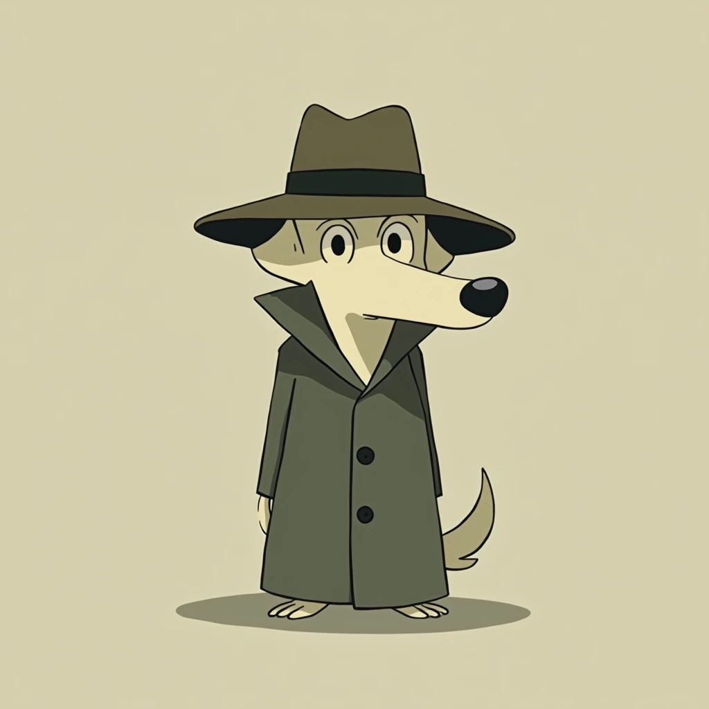 A minimalist, ghoulish ‘Spy Dog’ illustration, crafted in a Studio Ghibli-inspired style with a twist of 1930s cartoon aesthetics. The artwork combines simplified lines and ghostly elements to give the dog an air of mystery and intrigue, perfect for the ch...