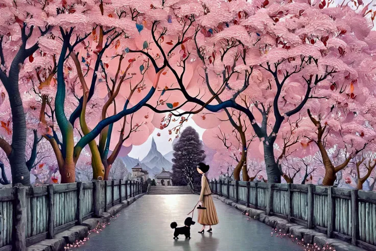 Colorful acrylic art walking, rough dough in the style of Amanda Clark, Jacek Yerka, Benjamin Lacombe and Amanda Sage. A European woman, dressed in 1930s style, walks with her black dwarf poodle and observes the petals of the cherry trees falling from the ...