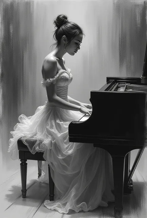 illustration,super slender pianist in a satin fluffy long dress and a grand piano, side view-charcoal sketch