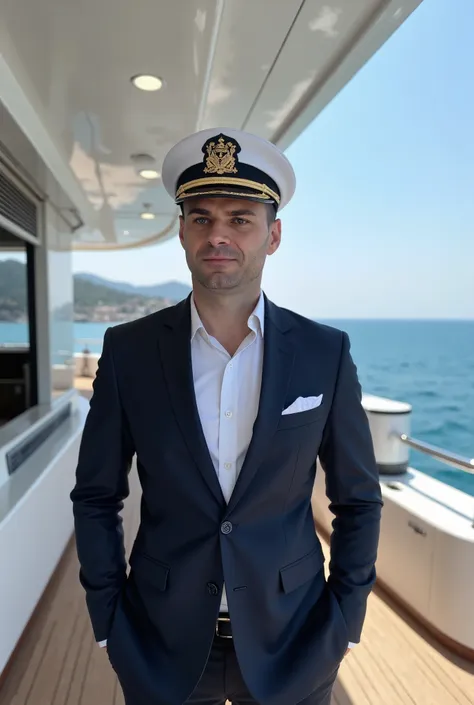 a stern gm42 handsome selfie in millionaire yacht, (age 30, rich costume, captain's hat), millionaire on his private yacht in mo...